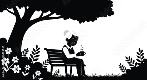 Vector art of elderly woman sitting on a park bench under a tree, enjoying a hot drink