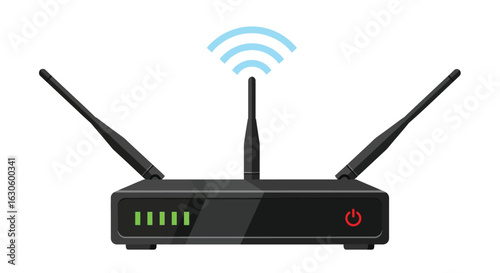 Vector art of wireless router with antennas and wifi signal isolated on white background