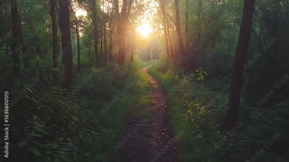 Obraz premium Forest Path With Dawn Light Summer Mig