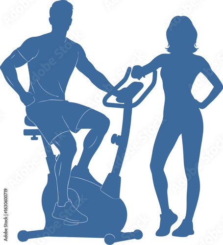 Cartoon of man and woman with exercise bike and elliptical machine