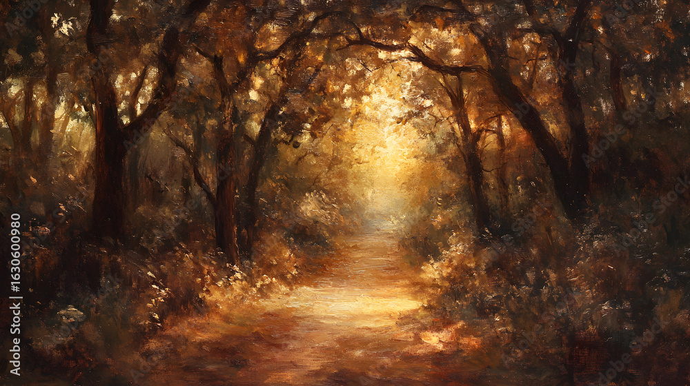 Obraz premium Forest Path With Warm Golden Light Summer