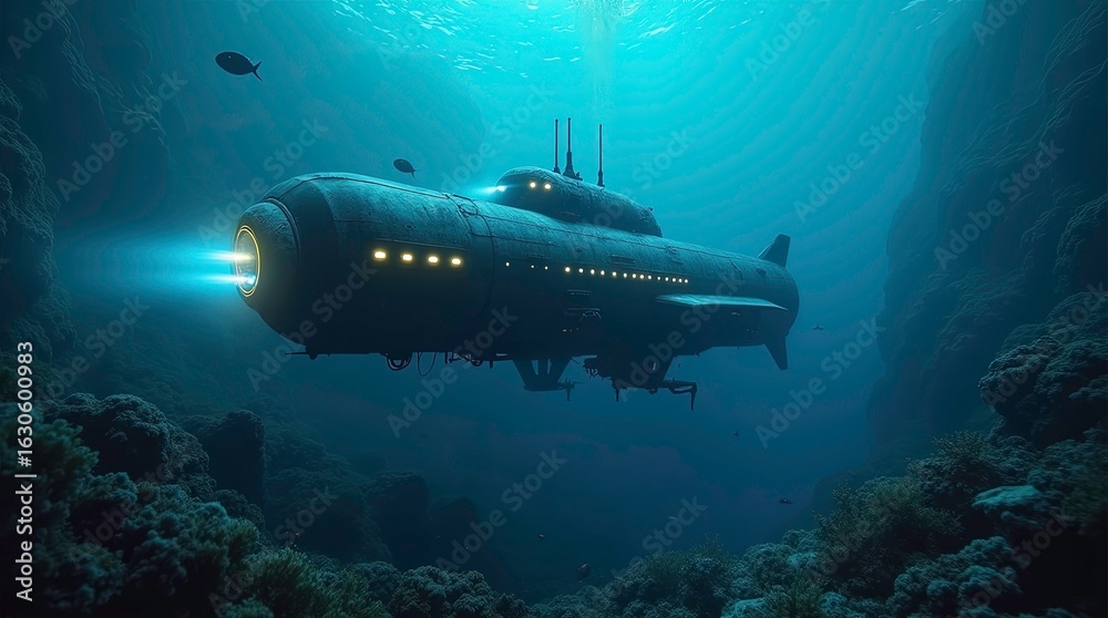 Fototapeta premium Submarine glides through vibrant coral reef ocean exploration underwater world aquatic scene deep