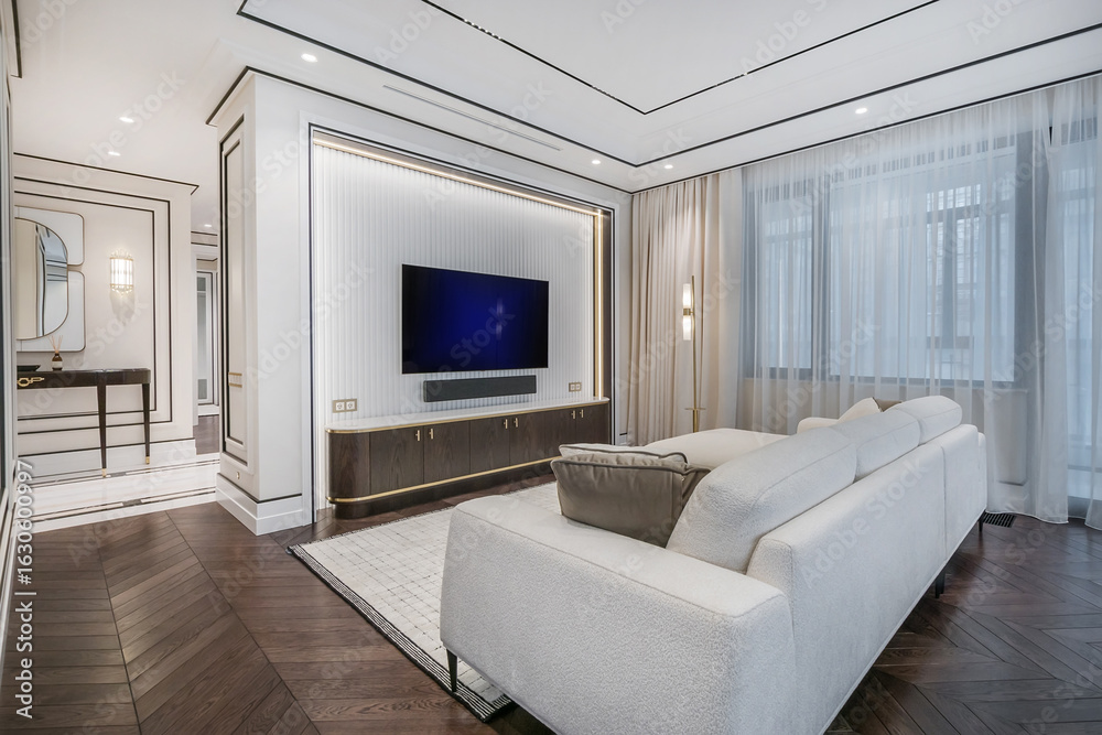 Fototapeta premium The interior of an elegant neoclassical-style living room with modern furniture and large windows filling the space with soft natural light.