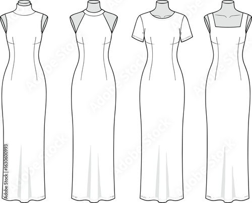 Long dress set with assorted necklines and sleeve styles, fashion collection front and back cad drawing flat vector illustration