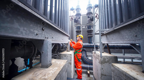 Worker performs maintenance in an industrial facility during daylight hours