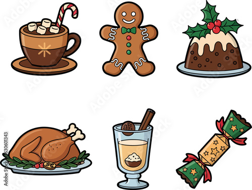 Christmas Food Icon Set. Festive Holiday Collection with Gingerbread Man, Hot Chocolate, Turkey Dinner, Pudding, Eggnog, and Cracker.