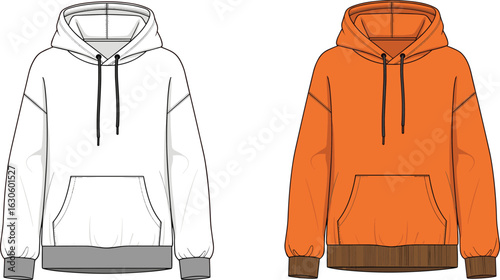 Hooded sweatshirt cad sketch in white and orange colorways with contrast cuffs, drawstring hood and front pocket vector illustration