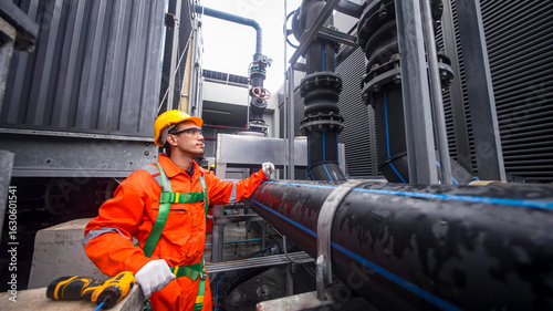 Fotografie Worker in orange safety gear inspecting industrial pipes in a power plant