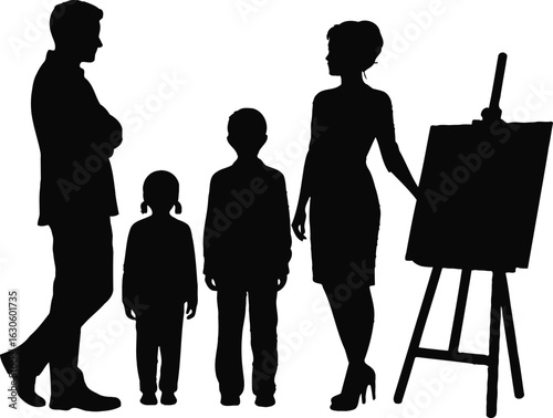 Silhouette family with easel in rainbow gradient on white background