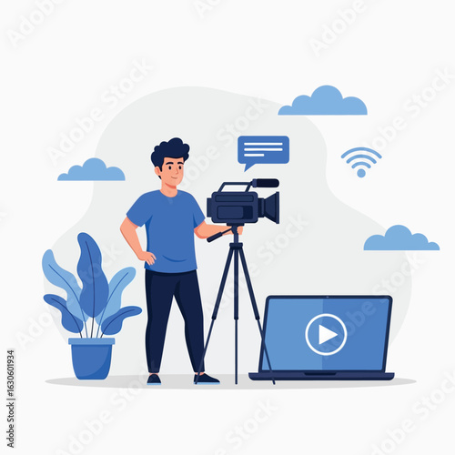 Vector art of videographer with camera and laptop for online content creation
