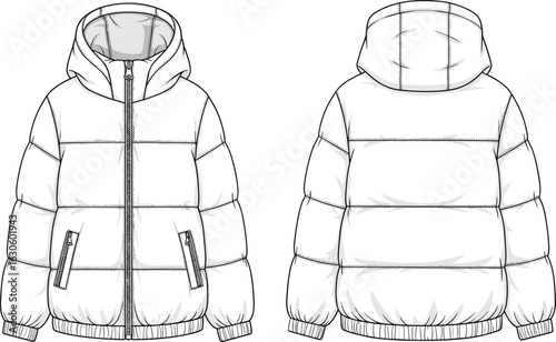 Quilted puffer jacket front and back views, hooded winter outerwear with zipper pockets, elastic hem cuffs, flat cad vector