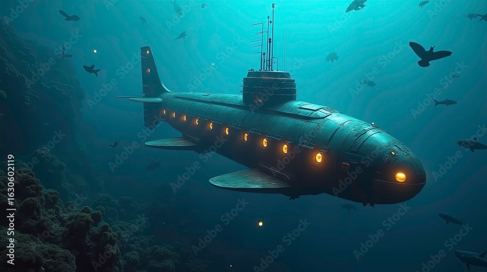 Fototapeta premium Submarine glides through vibrant coral reef ocean exploration underwater world aquatic scene deep