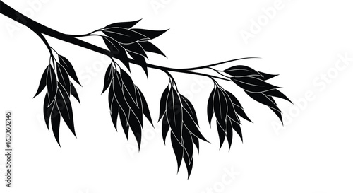 Vector art of black silhouette of a tree branch with leaves isolated on white background
