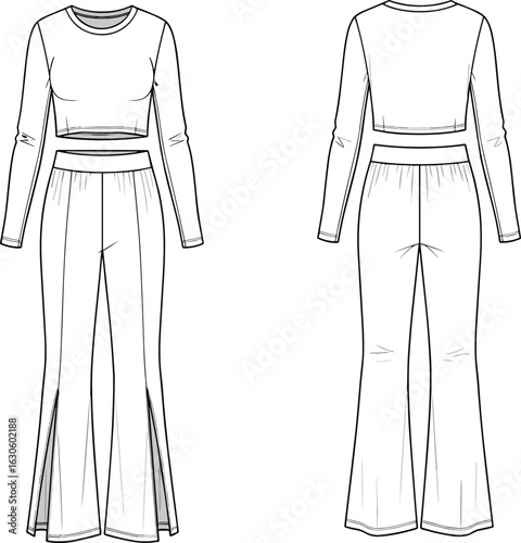Crop top and wide-leg pants fashion sketch, front and back slit design, high waist silhouette, cad flat vector illustration