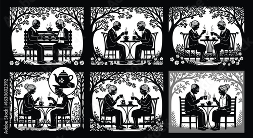 Vector art of elderly couple enjoying tea together in a garden setting