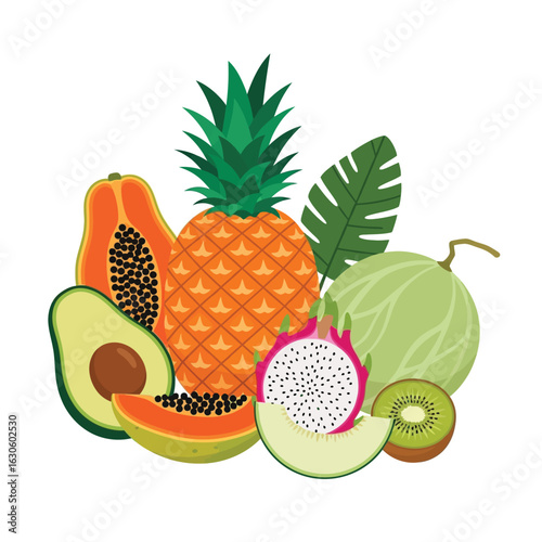 Vector art of assortment of fresh tropical fruits isolated on white background