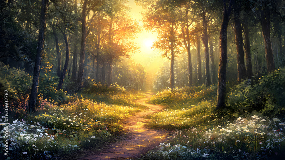 Obraz premium Forest Trail With Sunset Filtering Summer D