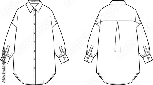 Long sleeve button-up shirt with collar, pleated back yoke, cuffed sleeves and curved hemline, cad drawing flat vector illustration