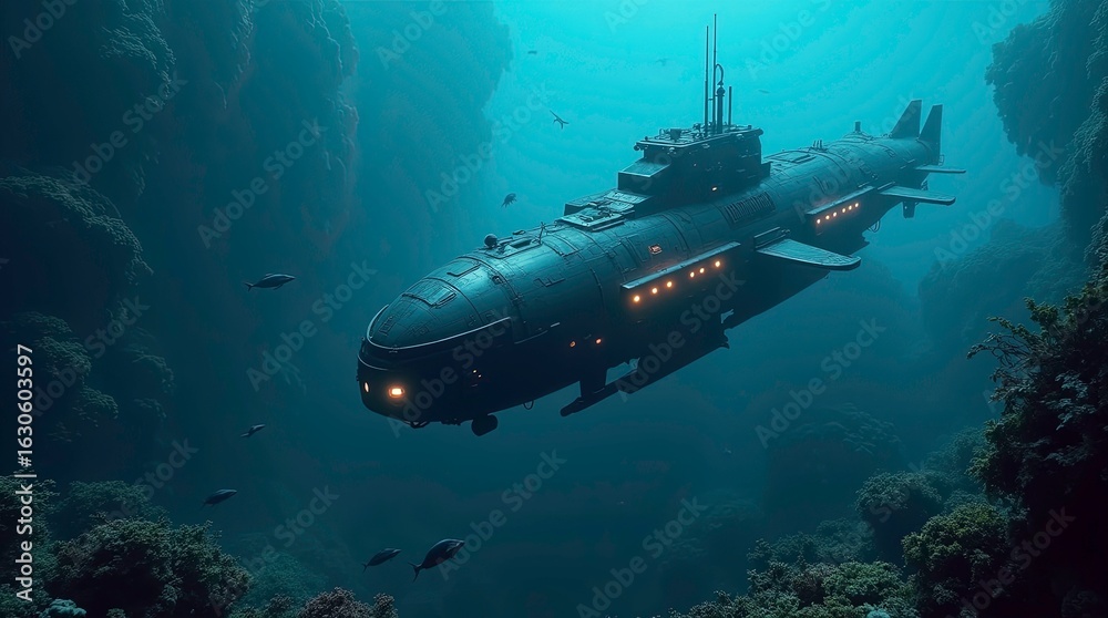 Fototapeta premium Submarine glides through vibrant coral reef ocean exploration underwater world aquatic scene deep