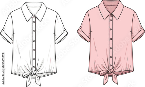 Short-sleeve tied shirt cad in white and pink with button-up front, rolled sleeves and collar – fashion sketch vector