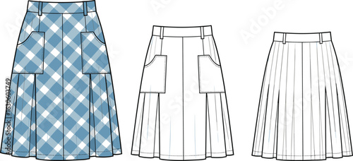 Checkered pleated skirt with front pockets and alternate multi-pleat version, fashion cad drawing front back flat vector sketch