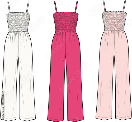 Sleeveless jumpsuit comparison set in white, pink and fuchsia with smocked bodice, shoulderuit comparison set in white, pink and fuchsia with smocked bodice