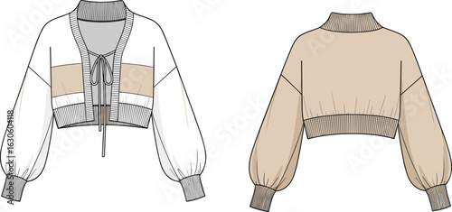 Cropped sweater comparison set with zipper front and pullover styles, balloon sleeves, chest accents, cad flat vector illustration