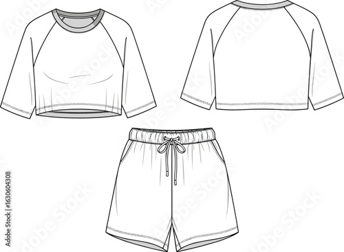 Cropped top and shorts comparison set with raglan sleeves, round neckline, drawstring waistband, front and back cad vector illustration