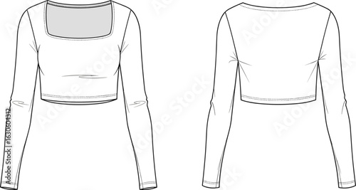 Long sleeve crop top front and back view, square neckline, fitted silhouette, cad drawing flat vector illustration, fashion sketch