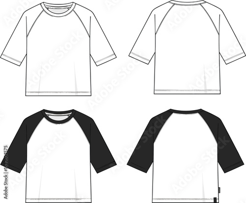 Raglan sleeve t-shirt comparison set in plain and two-tone styles, front and back view, cad fashion flat vector illustration
