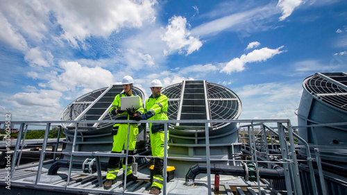 Obraz na plátně Technicians evaluate cooling system performance on rooftop during sunny day