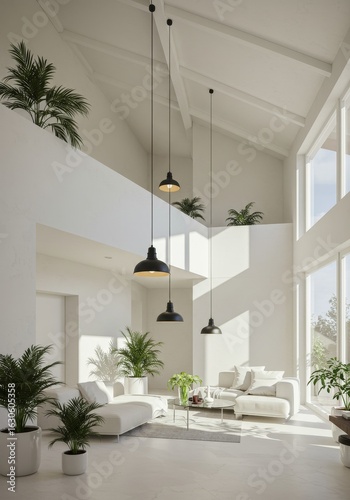 Modern Minimalist Living Room Design - Bright airy living room with white walls, white couches, potted plants, and black pendant lights. High ceilings and large windows