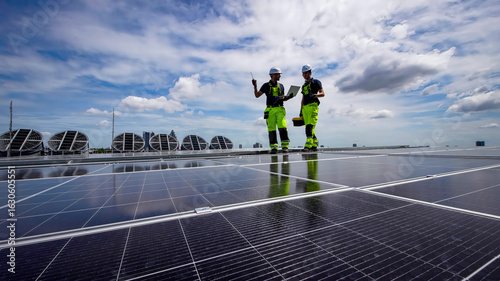 Workers install solar panels on a building rooftop under a clear blue sky