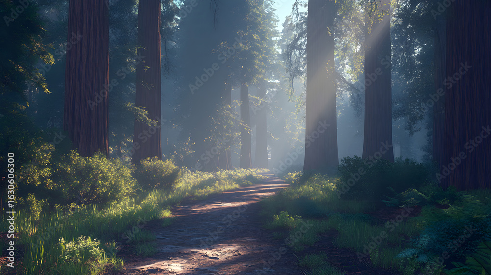 Fototapeta premium Forest Path With Cathedral Sunbeams Summer 8Bae2Abb