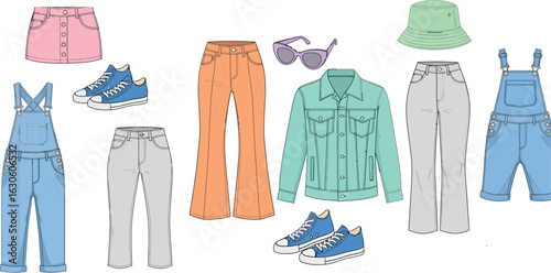 Illustration featuring various clothing items and fashion accessories