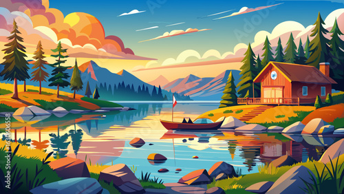 Golden mist drifts gently across the tranquil Swedish lake. Birch trees shimmer softly. Distant cottages reflect in still water. Morning light warms rocky shores. Everything breathes calm, silence, an