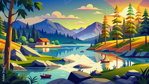 Golden mist drifts gently across the tranquil Swedish lake. Birch trees shimmer softly. Distant cottages reflect in still water. Morning light warms rocky shores. Everything breathes calm, silence, an