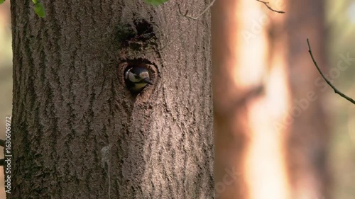 A curious woodpecker nestling emerges from a cozy tree hollow surrounded by sunlit forest.