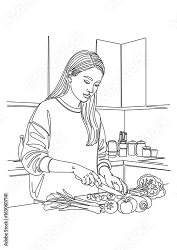 A woman with long, straight hair is preparing a fresh and healthy meal on her kitchen counter.