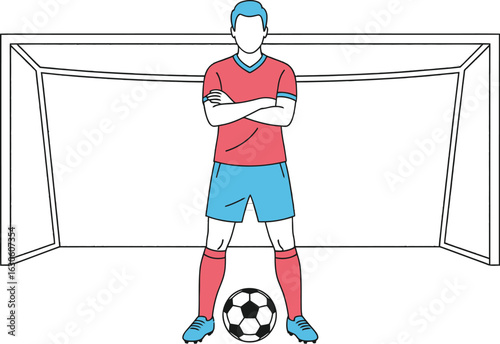 Soccer player standing in front of goal with ball and arms crossed
