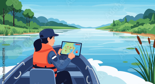 Woman Navigating River on Motorboat Using Electronic Map Application