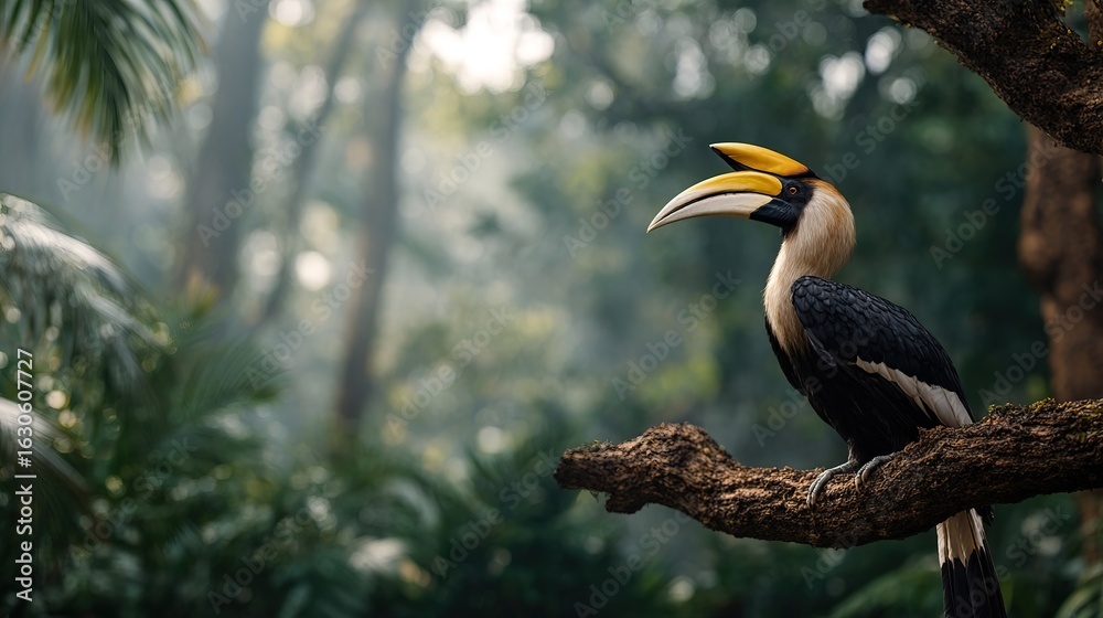 Fototapeta premium hornbill with large yellow and black casque sits perched on mossy tree branch in misty jungle setting