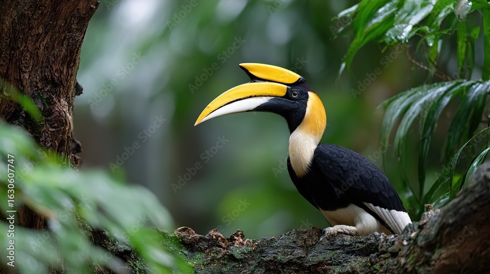 Fototapeta premium Great hornbill bird with yellow casque perched on mossy tree branch amidst lush green foliage