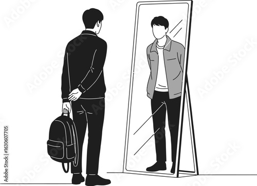 Man standing before a mirror holding a backpack in black and white art