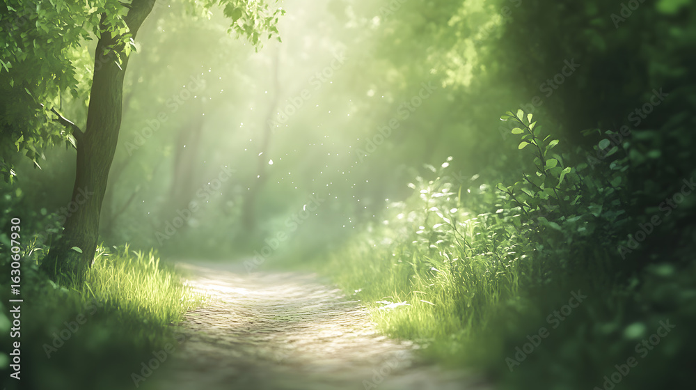 Obraz premium Woodland Trail With Dappled Sunshine Stream 152178Aa