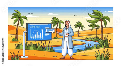 Arabian Presenter Sharing Business Data Near a Desert Oasis