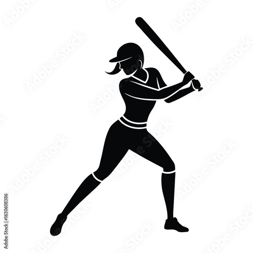 Female Baseball Player Batting Silhouette Vector Illustration