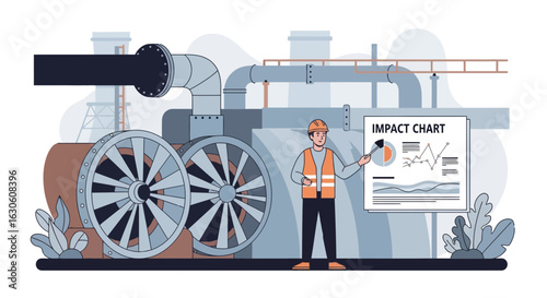 Engineer Presenting Impact Chart Near Industrial Equipment With Pipes