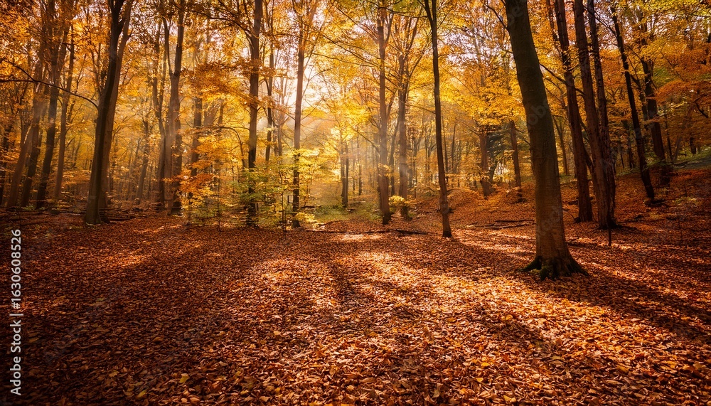 Fototapeta premium serene autumn scene filled with golden leaves in a peaceful forest wilderness