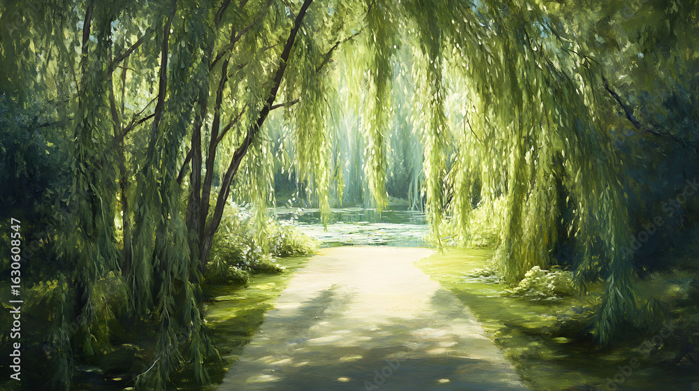 Obraz premium Forest Walkway With Drooping Branches Summer Bca9918E